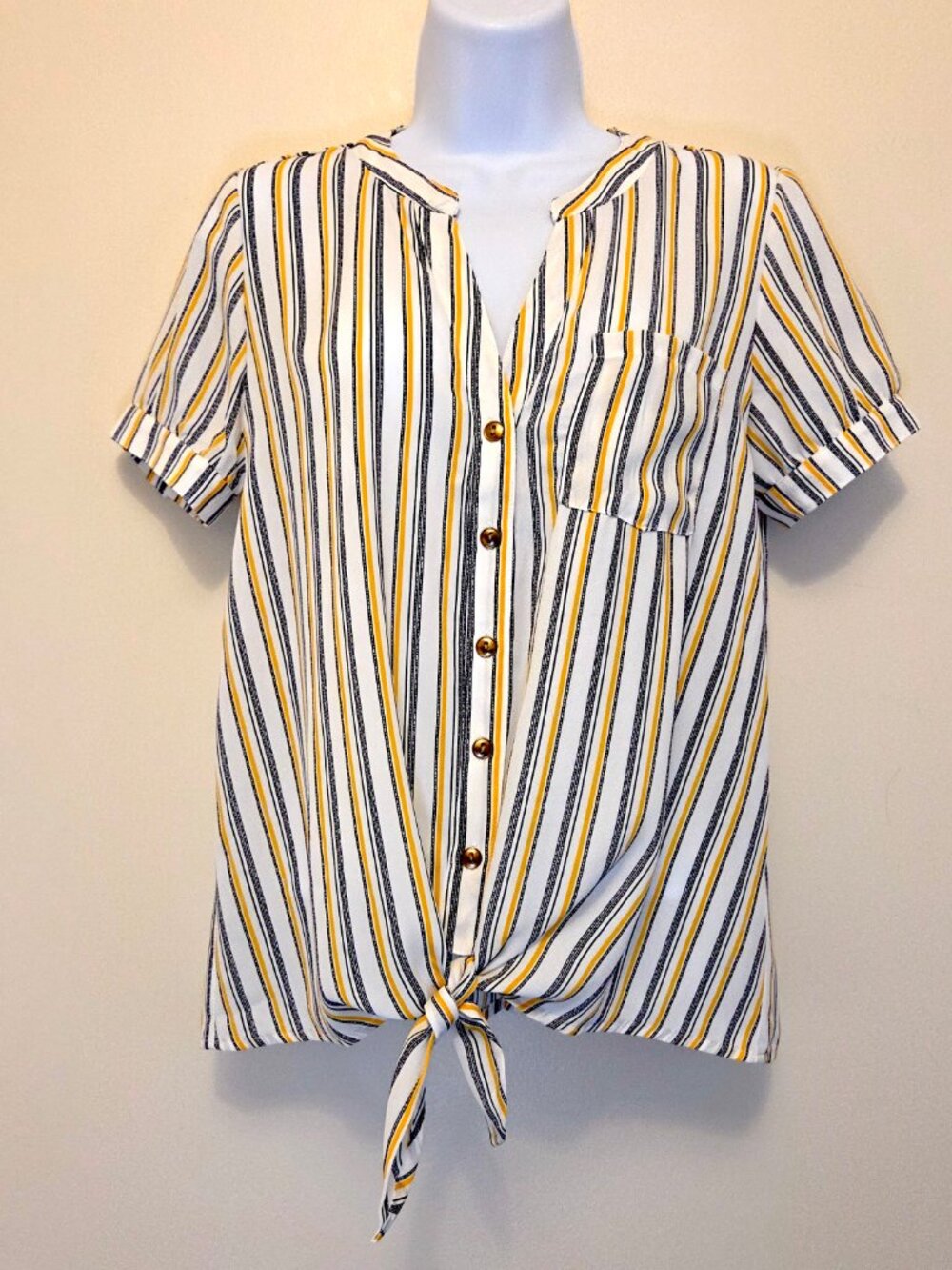 DNA couture Yellow Blue Striped Short Sleeve Button-Down Tie Front Blouse - S